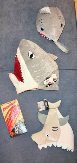 New With Tags Shark Head Plush Costume Mask, Shark Plush Candy Pail, Shark Hat & Baywatch Lifeguard Inflatable Rescue Float Costume Set