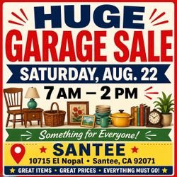 BIG GARAGE SALE – SATURDAY 8/22 – SANTEE