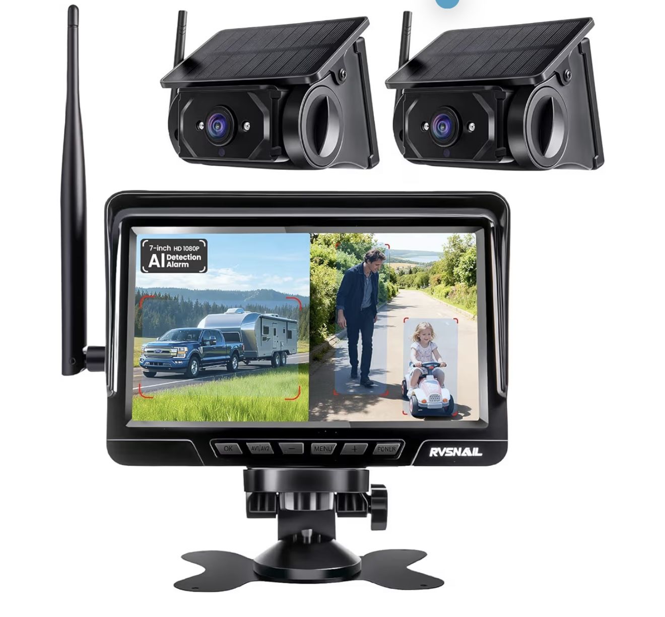 Magnetic Solar Wireless Backup Camera with 7" 1080P Monitor, 2 Backup Cam-Kit, Alarm Function, Night Vision,Easy Install, Back up Camera Systems for C