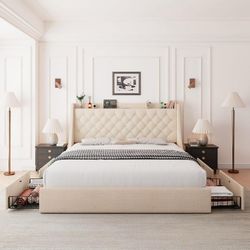 Full Size Upholstered Platform Bed Frame with Storage Drawers