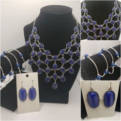 BeautifulVintage Boho Set,Blue and silver tone, this set includes, 4 Bracelets, 1 Necklace, 1 pair of Earrings. 6 Items
