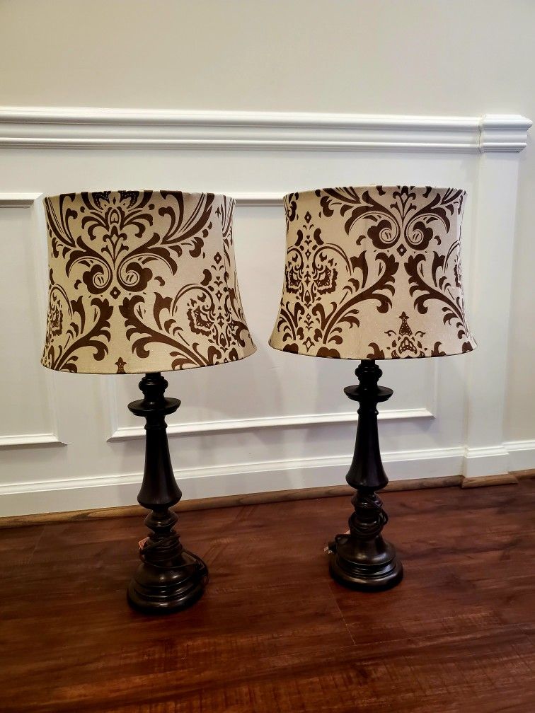 Beautiful Brown Wood Table Lamps Set of 2,  Cream with Brown Paisley Print Drum Fabric Shades (12" W x 10" H) and 3-Way Switch.
