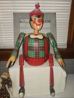 VINTAGE CARVED WOOD  Pinocchio 1950s vintage, "19"-"20" , Disney,  antique 