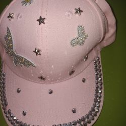Pink Baseball Cap with Rhinestone Butterflies and Stars