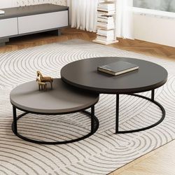 Modern Round Coffee Table Set, Nesting Cocktail Tables with Black Metal Legs, Dark Gray/Light Gray, Easy Assembly, 31.5/23.7 Inches, Perfect for Livin