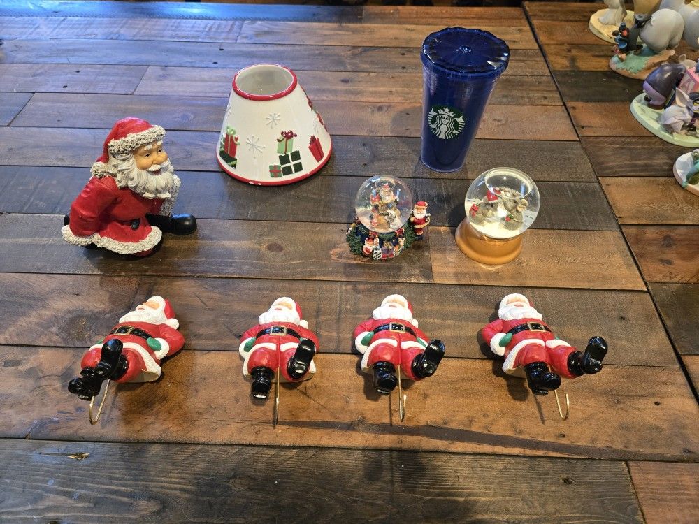 Christmas decor Santa stocking holder, snow globe, wine, candle, Starbucks lot