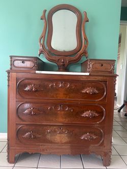 Antique Victorian Burl Walnut Dresser w/ Wishbone Mirror & Marble – Circa 1870