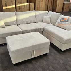 Brand New Ivory Corduroy Sectional Sofa W/USB +Storage Ottoman (New In Box)