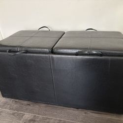 black faux-leather storage bench/ottoman set with two matching stools
