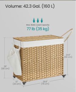 SONGMICS 42.3 Gallons (160 L) Laundry Hamper 3-Section Synthetic Rattan w/ Wheels - Natural