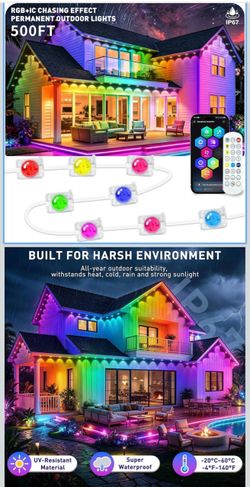 LADIKAKA 500FT Permanent Outdoor Lights RGB+IC, IP67 Waterproof Lighting