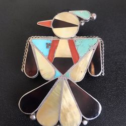 Vintage Zuni Sterling Silver Thunderbird Multi Gemstone Inlay Pendant 