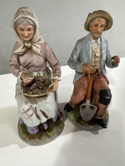 Vintage Homco 1433 Porcelain Figurines - Seated Old Man & Woman Farmer Pair