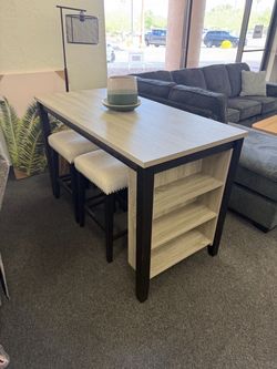 Counter Height Table with Shelves and Stools