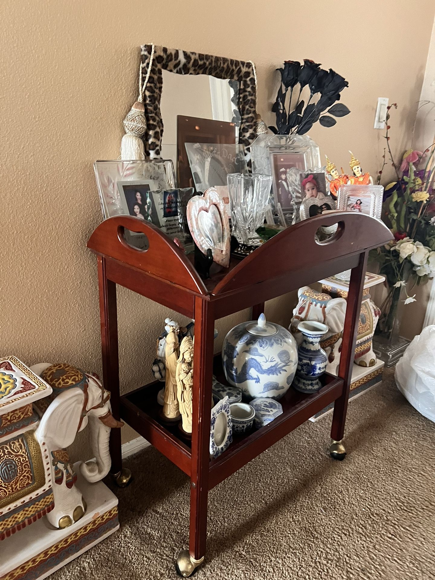 Vintage Cherrywood Rolling Bar Cart