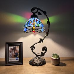 Tiffany Style Table Lamp Blue Stained Glass Dragonfly LED Bulb Included 21”H