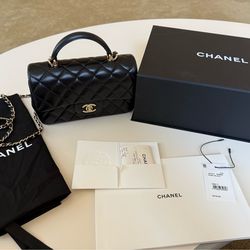 Chanel Mini Classic Top Handle Bag Black Lambskin Gold Hardware Full Set