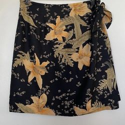 Tommy Bahama Silk Skirt Women Lg Black Brown Floral Tropical Wrap