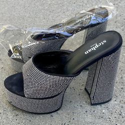 Stephan Paris Rhinestone Platform Mule Heels Black Silver Size 40