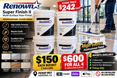 Renown Super Finish II Multi-Surface Floor Finish ✅ 5 Gallons cada bucket ✅ High Solids Formula ✅ Excellent Gloss