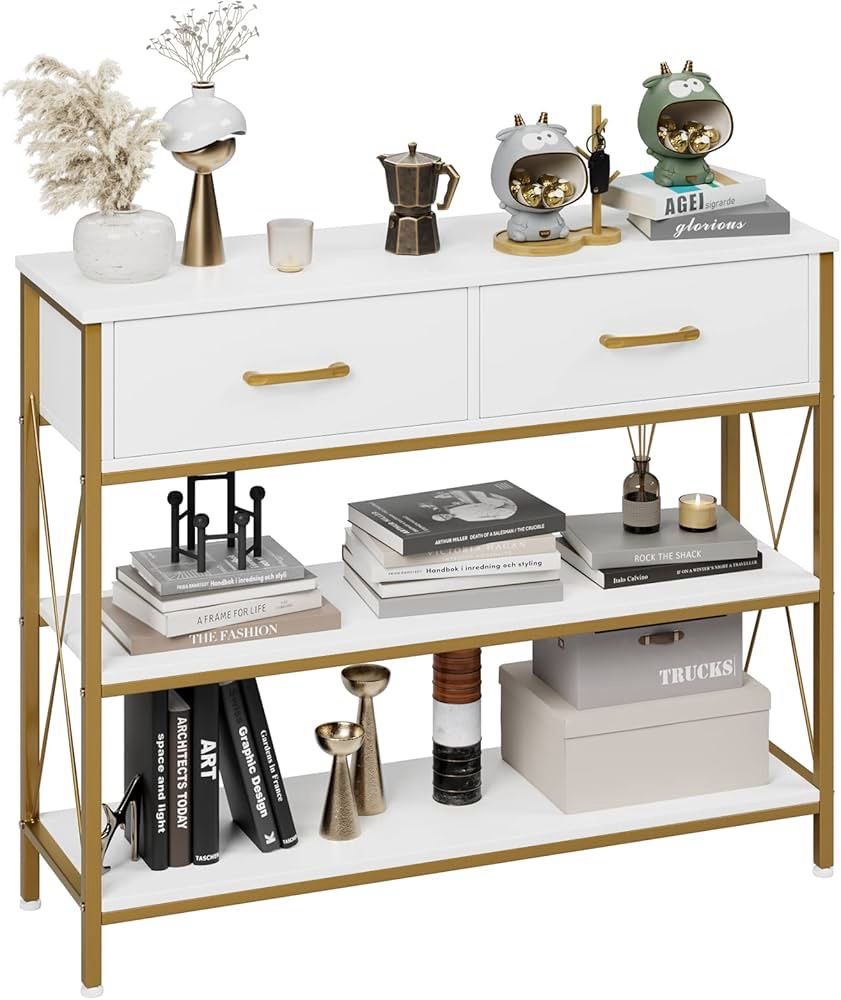 Industrial Console Table with Drawers, Vintage Hallway Foyer Table with Storage Shelves, Narrow Long Sofa Entryway Table for Living Room, Wh