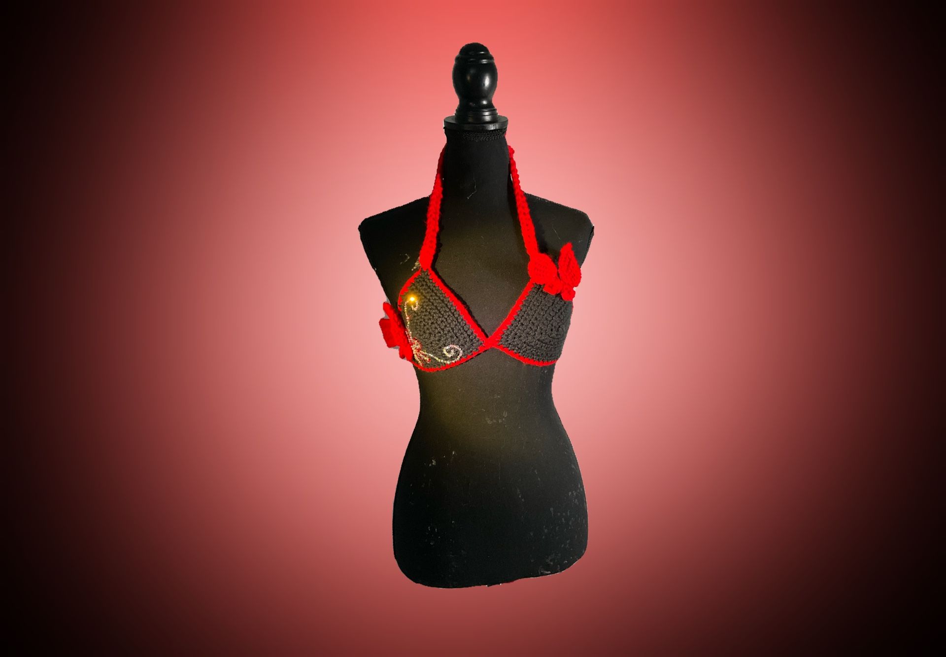 Red and black crochet bikini top with rhinestones and flower attachment adjustable straps