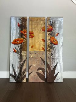 Three Piece Triptych 47x36 Large Textured Beige/Grey/Brown/Orange/Yellow Poppies Artwork