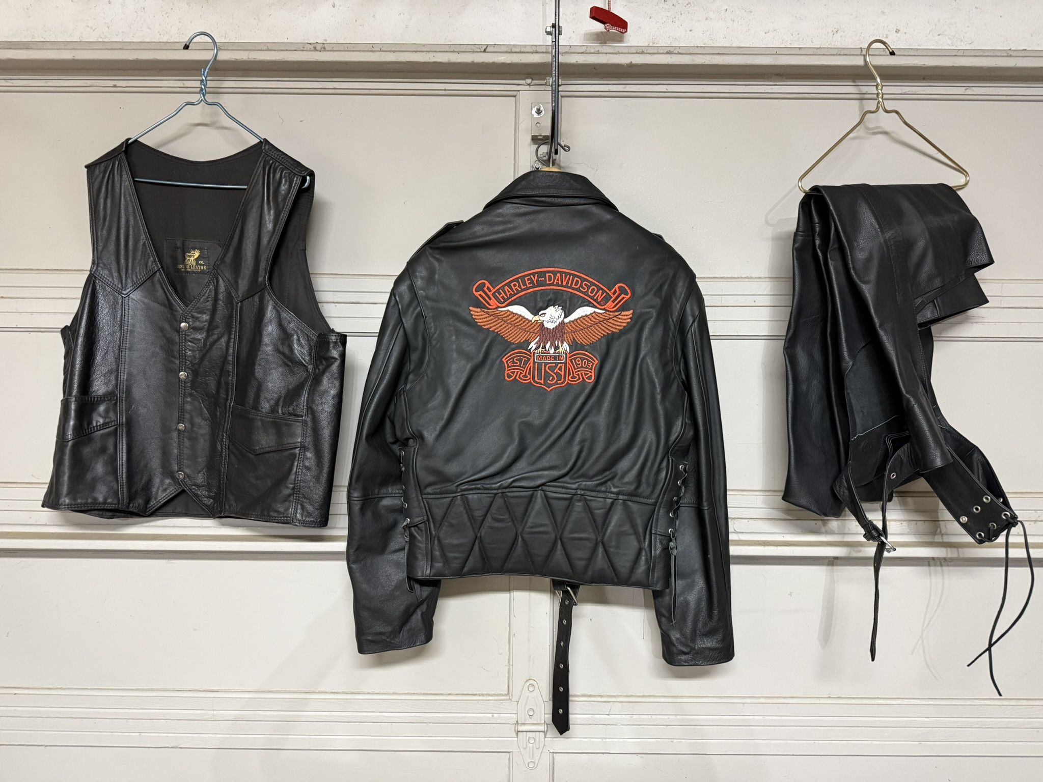 Motor Cycle Leathers. Jacket With Harley Davison Logo. Vest And Chaps.