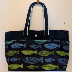 Geckobrands Extra Large Beach Shopping Tote Two Handles 23 x 14 Fish Blue Green 