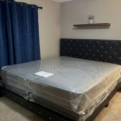 NEW KING SIZE BED FRAME DIAMOND HEADBOARD WITH MATTRESS AND BOXSPRING SET 