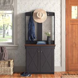 Saint Birch Hawksbury Wood Hall Tree and Cabinet Off - Black and wood color