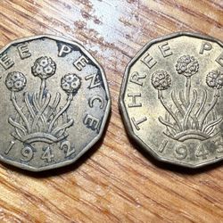 LOT of 2 GREAT BRITAIN 3 PENCE COINS 1942 & 1943 Rare Coins In Excellent  
