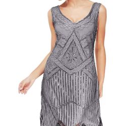 Silver Roaring 20s V-Neck Gatsby Vintage Inpired Sequin Flapper Dress, Med NEW