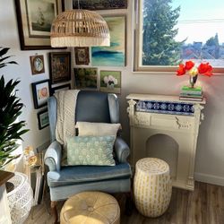Vintage Blue Velvet Wingback Chair