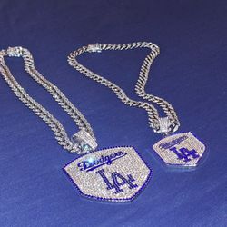 LA Dodgers Large Iced Out Rhinestone Pendant Logo with 15mm Necklace