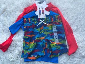 Lands' End Boys' 3-Piece Blue & Red Shark Print Swim Set - 3T