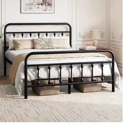 Full Metal Platform Bed Frame, Victorian Headboard & Footboard Metal Frame 800LBS|Noise-Free & Quiet|12.6-inch Under-Bed Storage No Box Spring Needed|