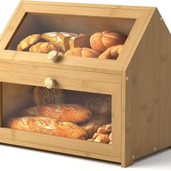 Bamboo Bread Box and Bread Storage Solution, Vintage Bread Box for Kitchen Countertop, Large Durable Wood Color Double Layer Bamboo Breadbox