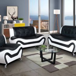 Brand New Leatherette Black And White Sofa Set Includes Matching Chair 