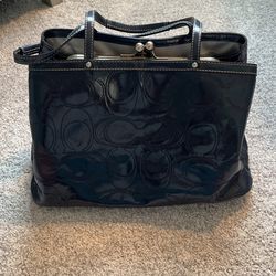 Coach Blue Leather With Steel Hand Bag With Purse 