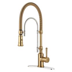 Single Handle Deck Mount Gooseneck Pull Down Sprayer Kitchen Faucet in Bushed Gold and Chrome