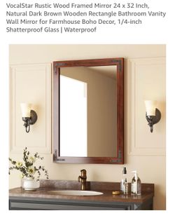 Rustic Wood Framed Mirror 24 x 32 Inch, Natural Dark Brown Wooden Rectangle Bathroom Vanity