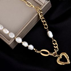 18k gold plated pearl heart pendant women necklace