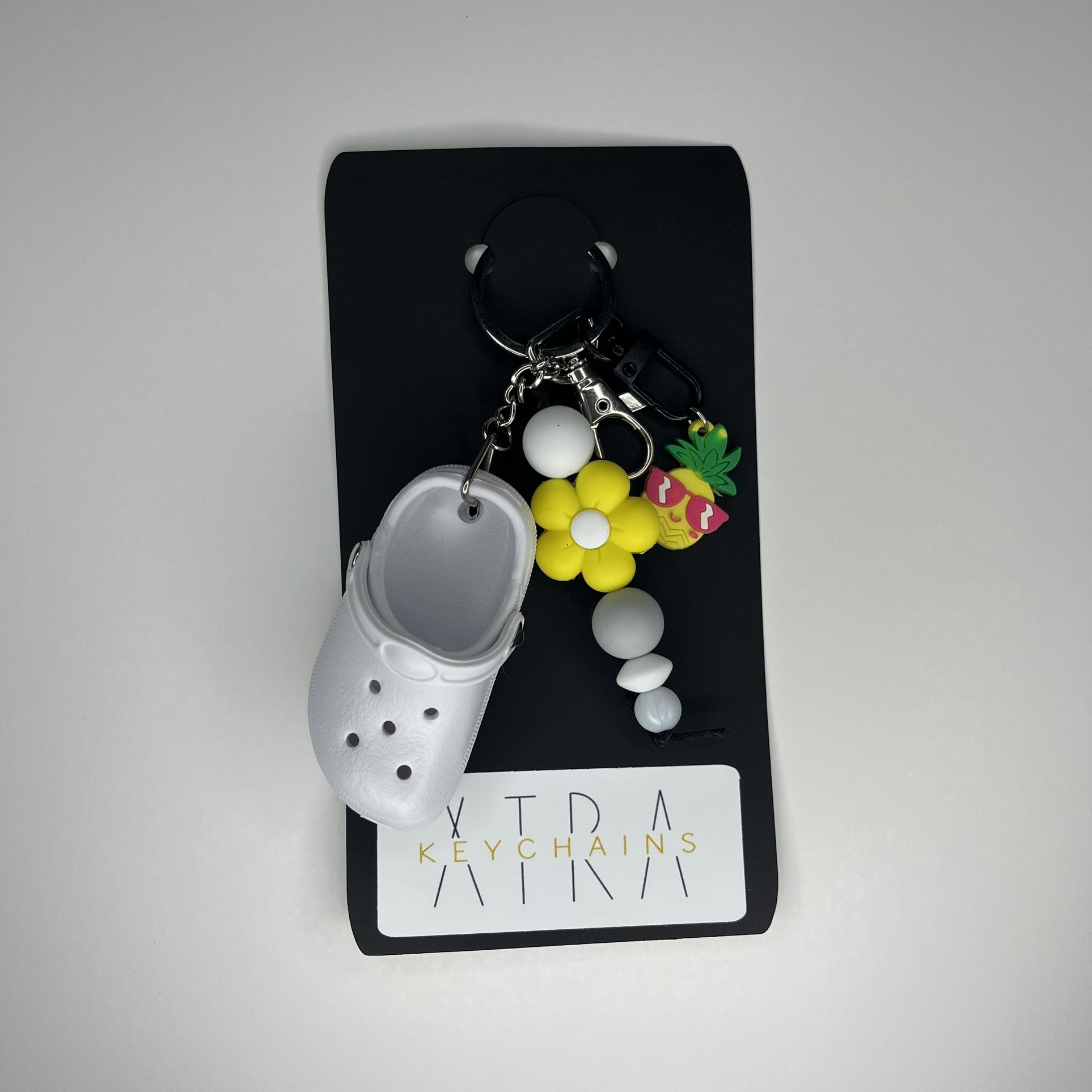White croc, charm, yellow, pineapple, and flour, silicone bead keychain