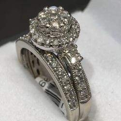 10k White Gold Diamond Engagement Set. Engagement Ring With Wedding Band