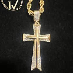 Iced 10k Gold over 316L Stainless Steel Cross Pendant + Premium 5mm Rope Chain