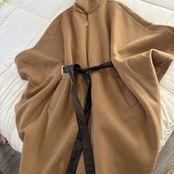 Women's Elegant Lapel Collar Wool Blend Bow-Tie Poncho Cape Jacket with Belt