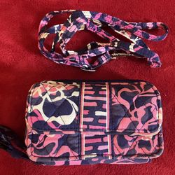 Vera Bradley CREDIT CARDS COIN Wallet Purse Blue Pink Detachable 56" Strap SMALL 6"L x 3.5"H  