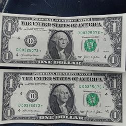 Two  Star Notes 2017 A $1.00 Washington Bills In Order