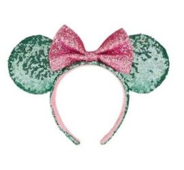 Disney Parks Mint Green Pink Bow Mickey Minnie Sequin Ears Headband